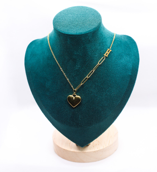 Golden heart linked chain with H